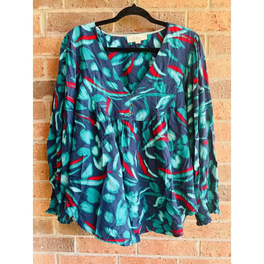 Nurture by westbound Women's Blue Leaf Print V-Neck Long Sleeve Blouse Sz 1X NWT - Picture 1 of 4